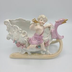 Vintage German Bisque Porcelain Cherub Angel Gold Horn Chariot Sleigh Planter
